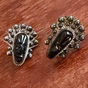 VTG Dotted Silver Black Carved Tiki Face Mask Screwback Clip On Earrings Mexico
